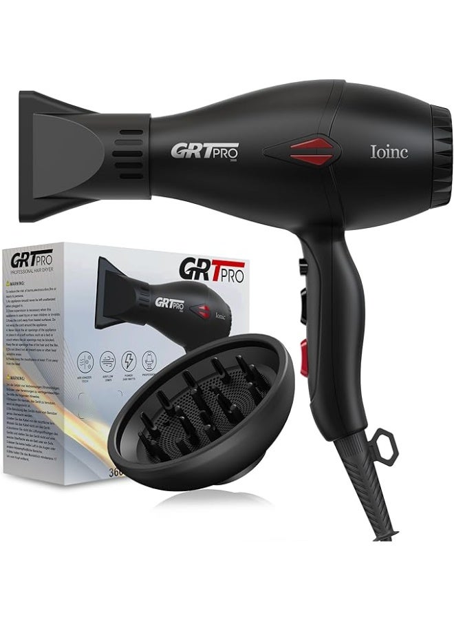 GRT PRO Professional Hair Dryer 2400W Ionic Hairdryer AC Motor 40 Million Negative Ions with 1 Diffuser & 1 Nozzle Accessories, Overheating Protection 2 Speeds 3 Heat Settings for Women Men Home Salon - Image 1